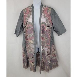 CHICOS Womens Jacket Sz L/XLEmbroidered Scalloped Hem Kimono Artsy Boho Floral